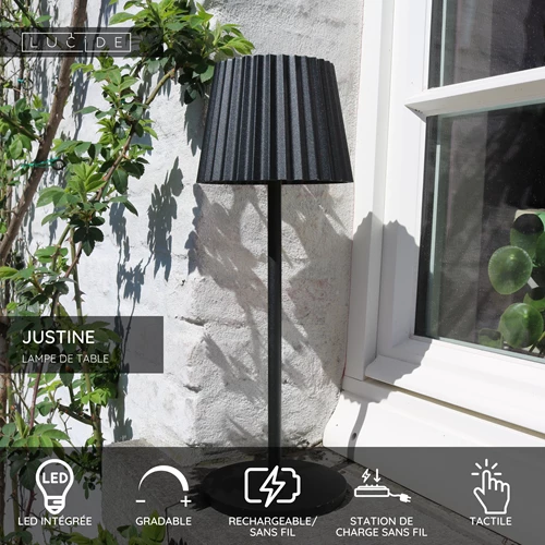 Lucide JUSTINE - Lampe de table Rechargeable Intérieur/Extérieur - Batterie/Piles - LED Dim. - 1x2W 2700K - IP54 - Avec station de charge sans fil - Noir - USP